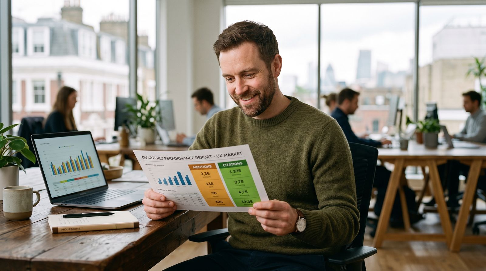 A UK marketing consultant highlighting two different coloured columns on a printed report at a desk, one labelled mentions and one labelled citations