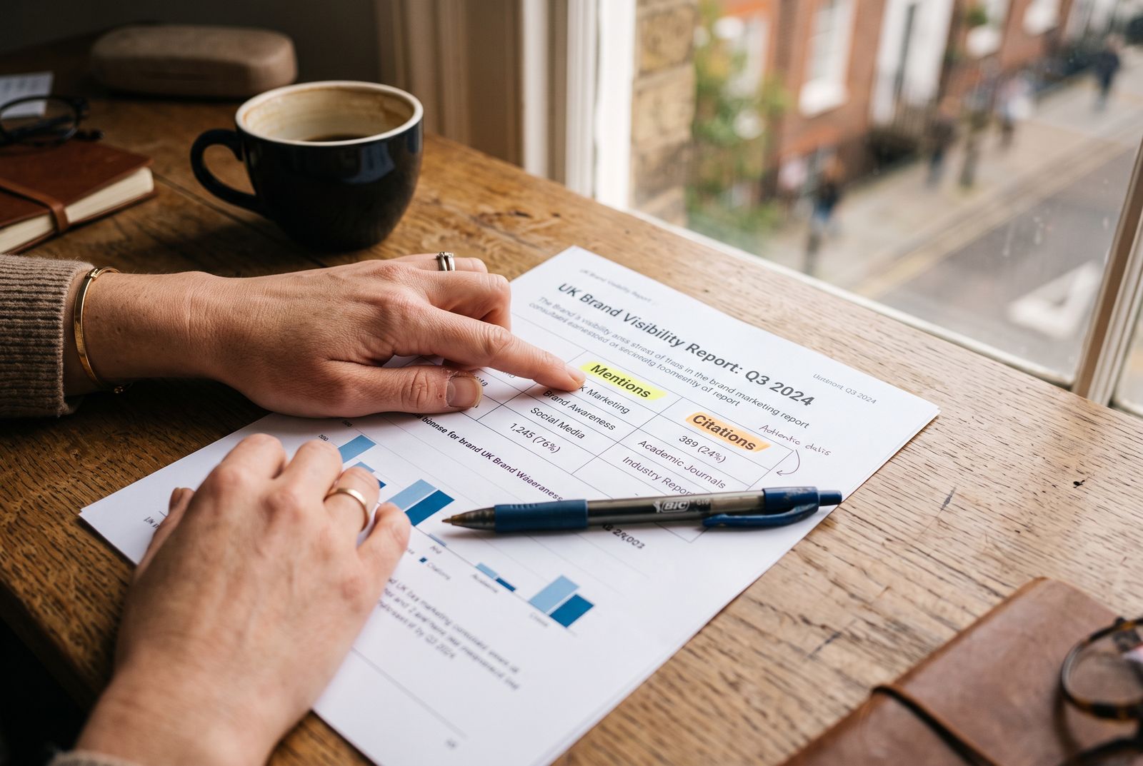 A UK marketing consultant reviewing a printed AI visibility report at a desk, comparing a highlighted mentions column against a citations column, morning light through an office window