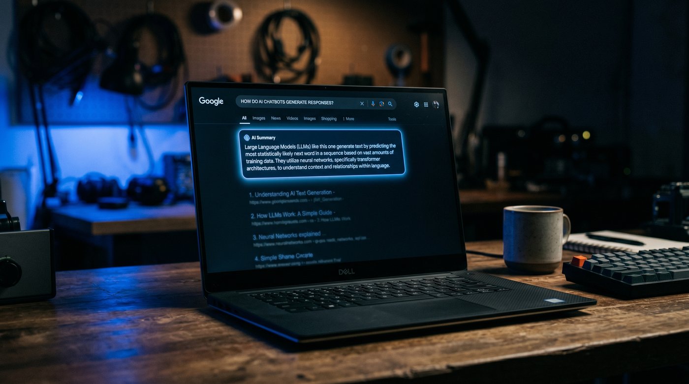Dark laptop screen showing an AI-generated answer panel glowing at the top of a search results page, with traditional organic links faded and dim below