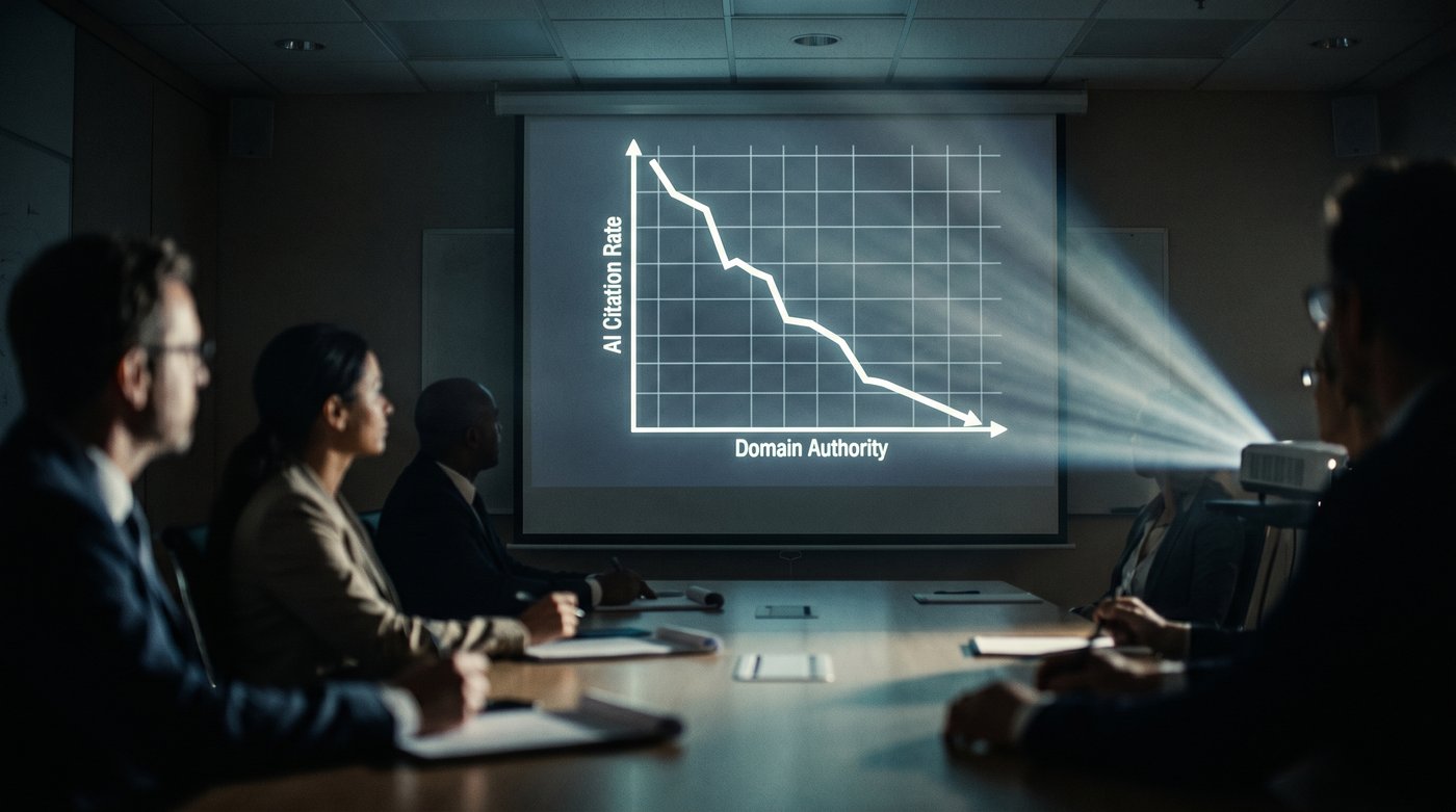 A graph projected onto a dark conference room wall showing a domain authority correlation line dropping sharply, backlit by a projector beam