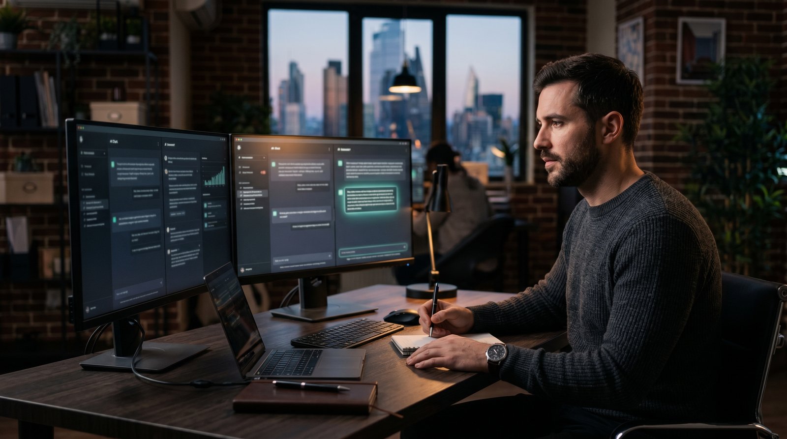 Editorial photograph of a marketer at a dark desk comparing four AI assistant interfaces across two screens, one answer highlighted in teal