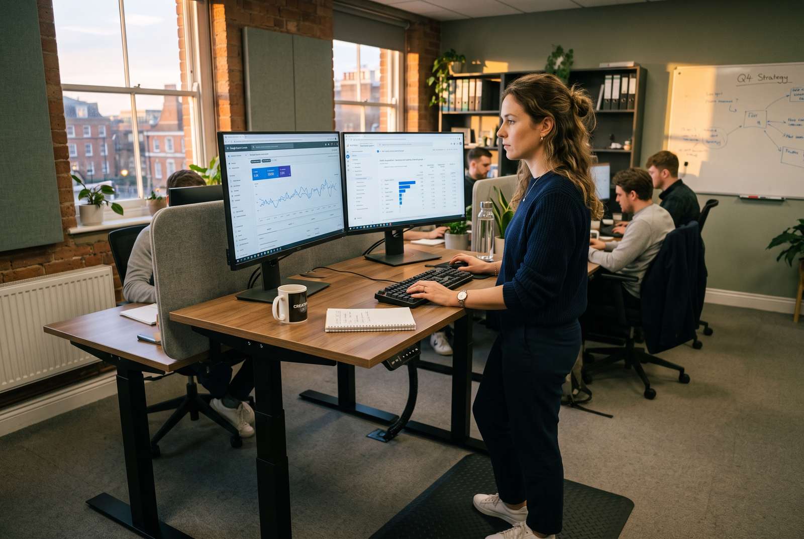 A marketing analyst at a standing desk cross-referencing a Google Search Console branded-query chart against a GA4 channel report on a second monitor, late afternoon light in a small UK agency office