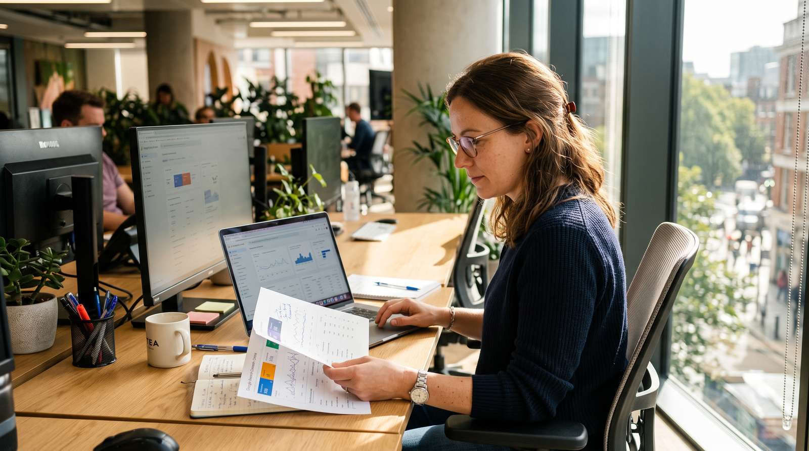 A UK marketing analyst sitting at a desk comparing a GA4 dashboard on a laptop screen against a printed Search Console report, morning light through an office window