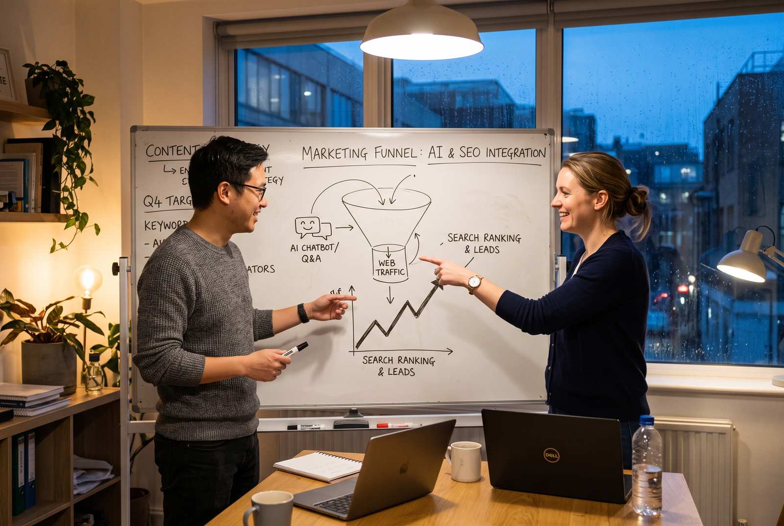 Two colleagues at a small UK marketing team's whiteboard, one pointing at a hand-drawn funnel connecting an AI answer icon to a branded search spike, evening office lighting with laptops open