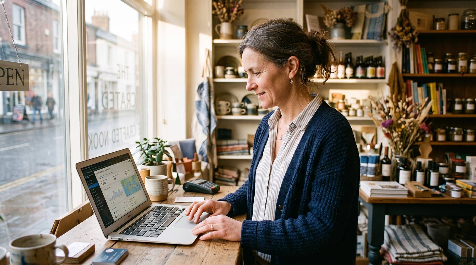 A UK shop owner checking their business listing on a laptop inside a small independent shop, morning light