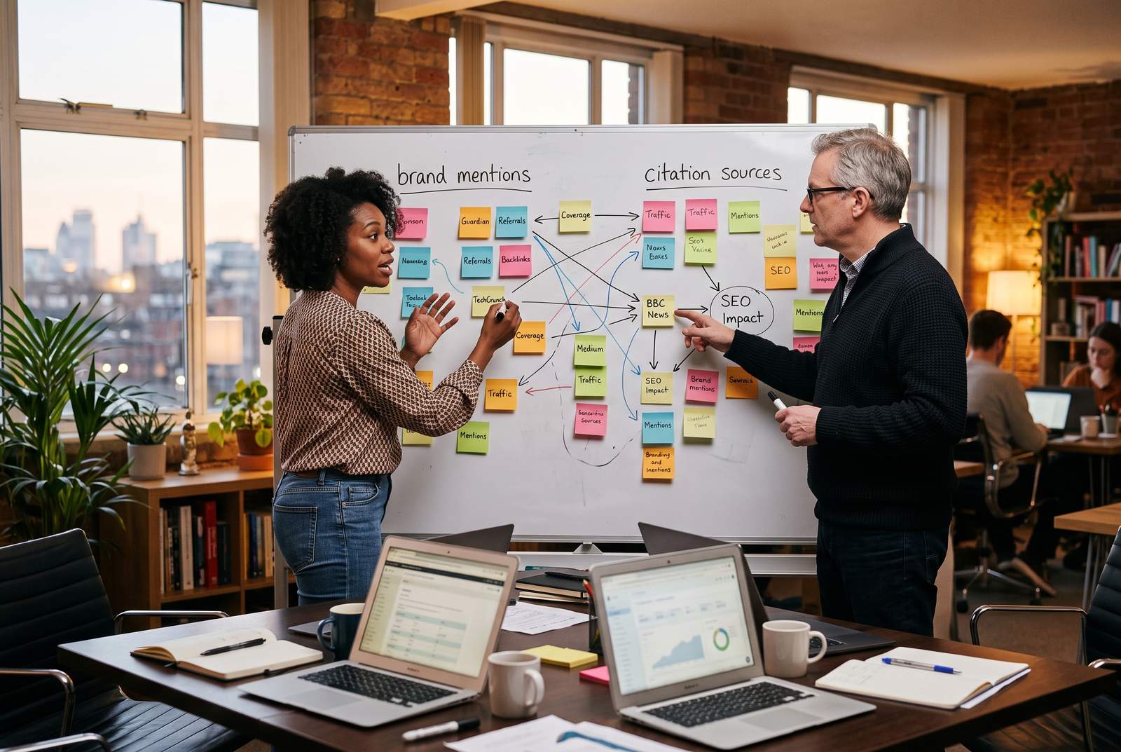 A small UK agency meeting room, two people at a whiteboard mapping brand mentions against citation sources with arrows and sticky notes, laptops open on the table