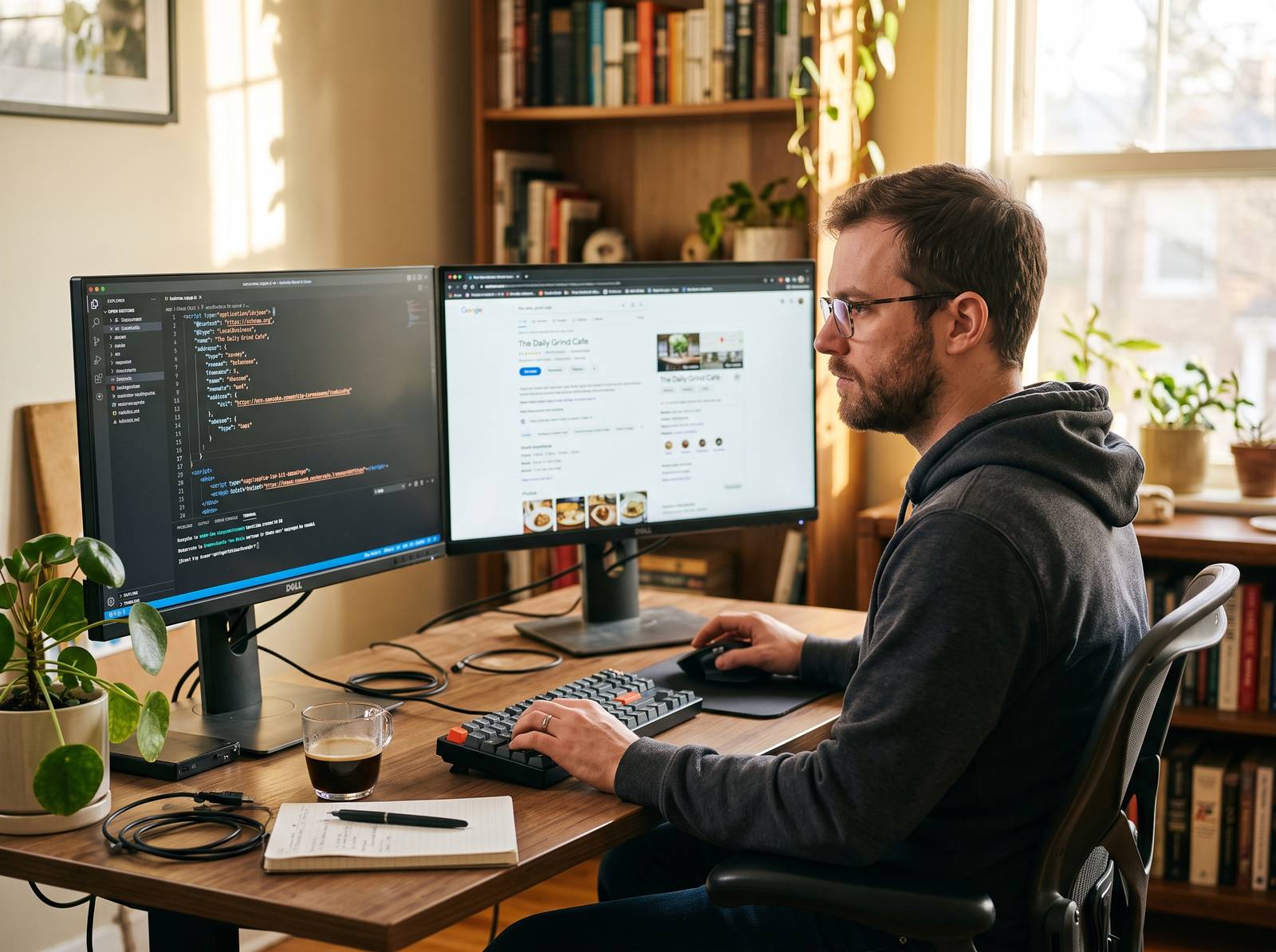 A developer checking LocalBusiness schema markup against a business's Google Business Profile listing on two monitors, late afternoon light
