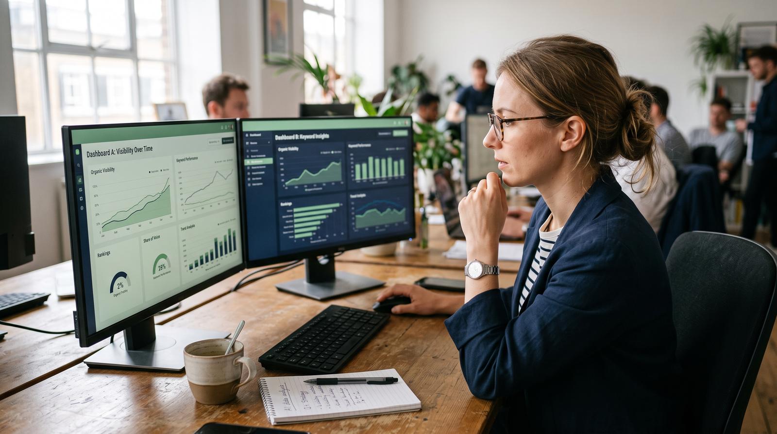 A UK marketing consultant comparing AI visibility tracking dashboards on two monitors, morning light in a small agency office