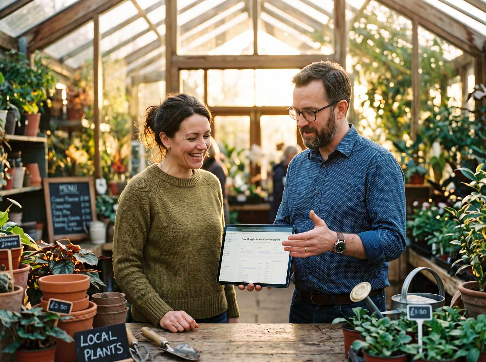 A small UK retail business owner and consultant reviewing a free Search Console report on a tablet at a garden centre counter, late afternoon light