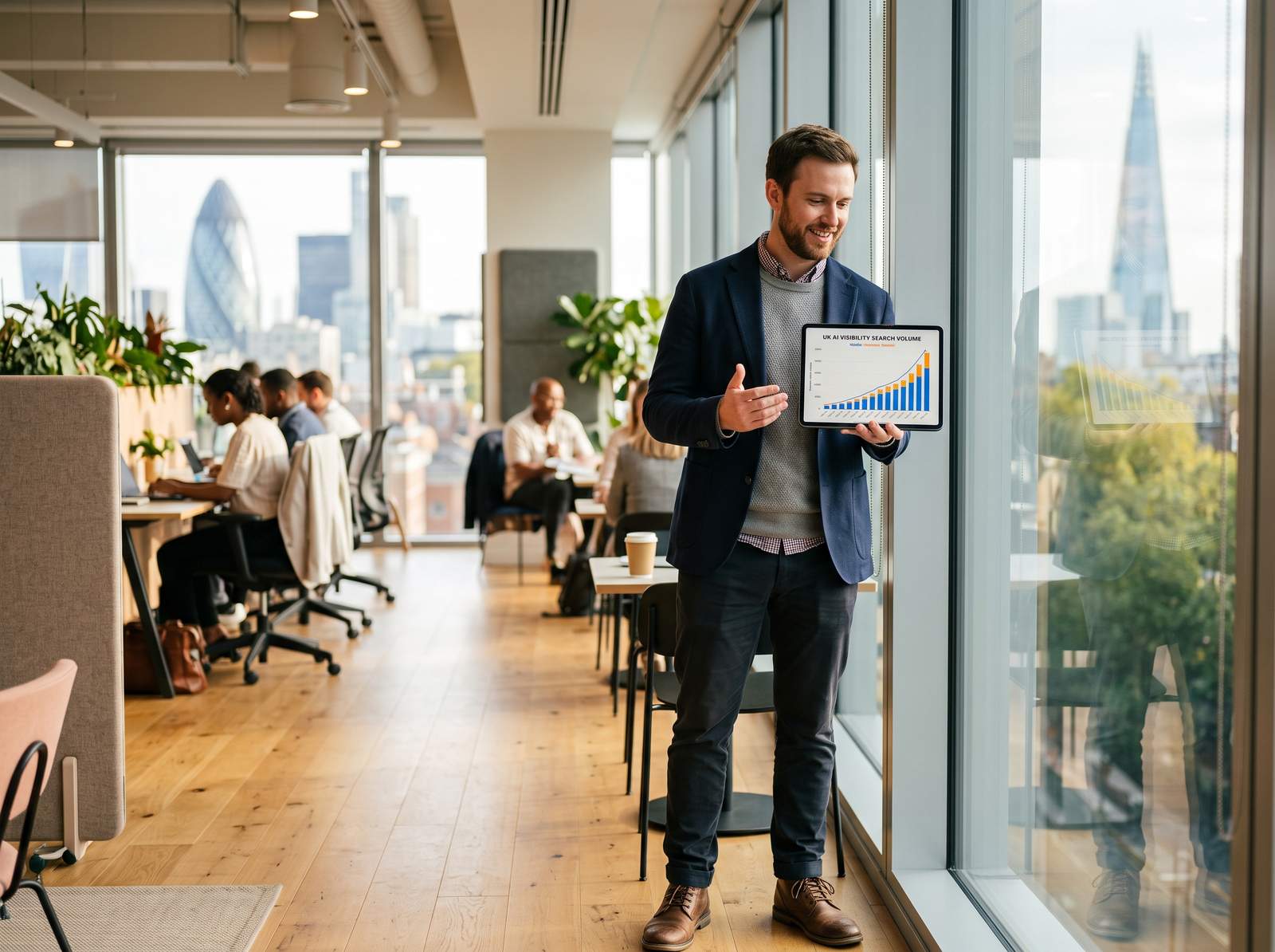 A UK marketing strategist reviewing a rising AI visibility search volume trend line on a laptop, home office, late afternoon light