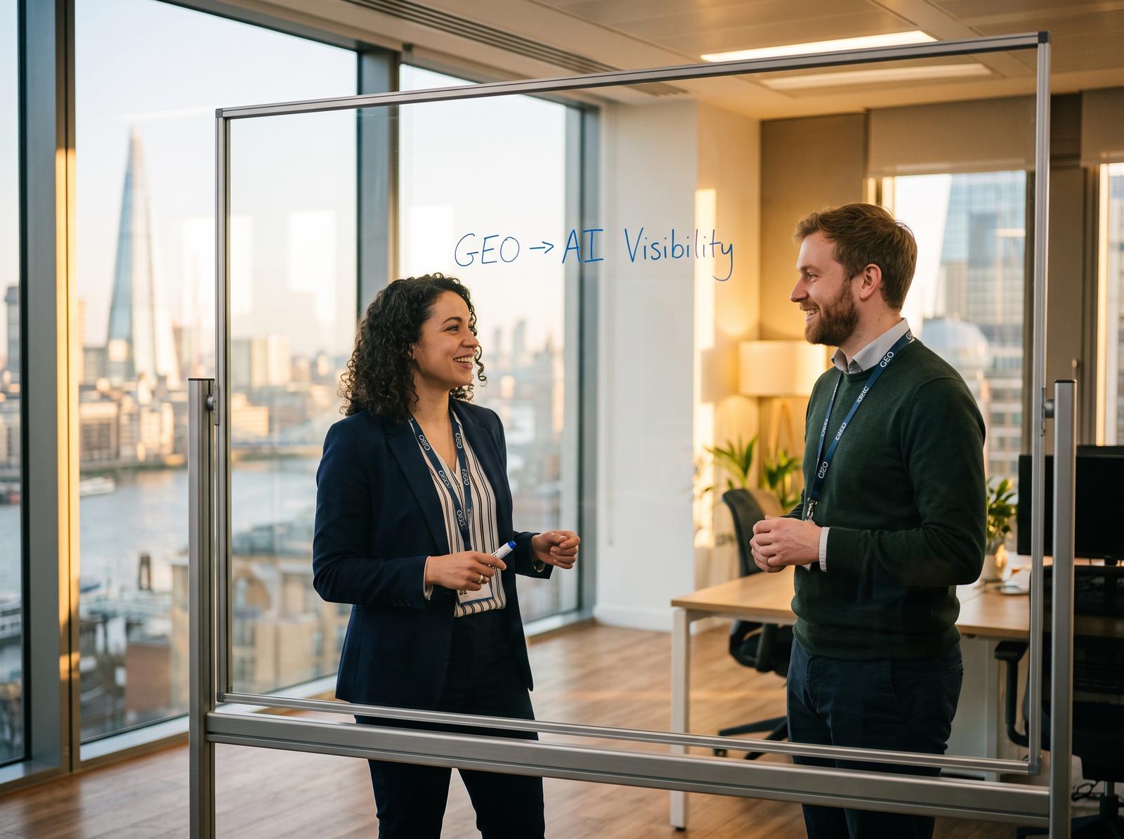 Two GEO agency team members discussing a service page rename from GEO to AI visibility around a whiteboard, bright meeting room, morning light