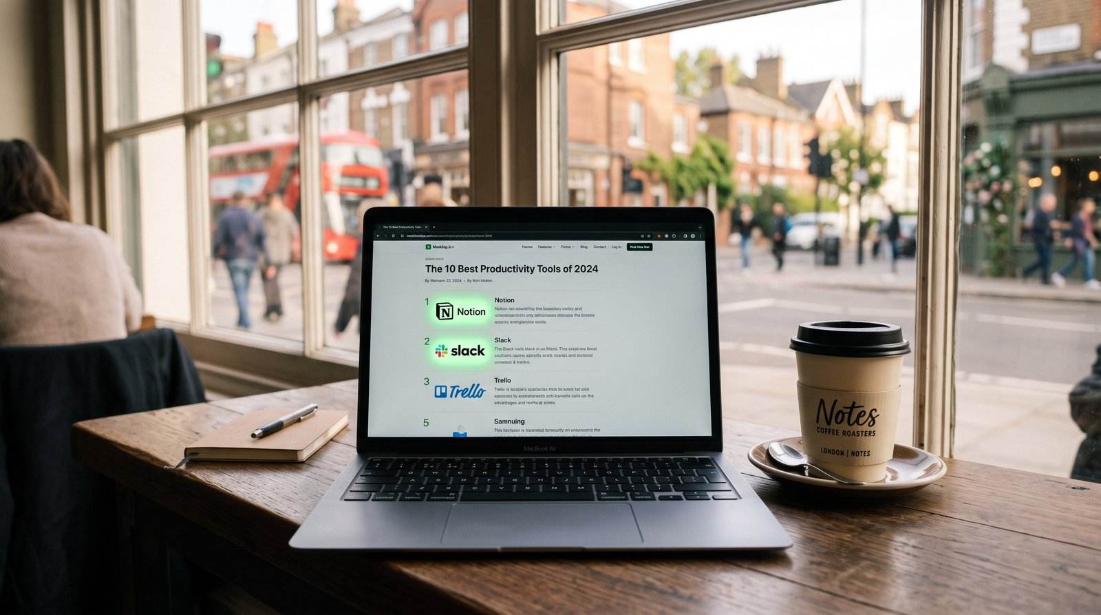 A laptop on a British café table showing a ranked best-of list article with three logos highlighted, morning light through a window behind it