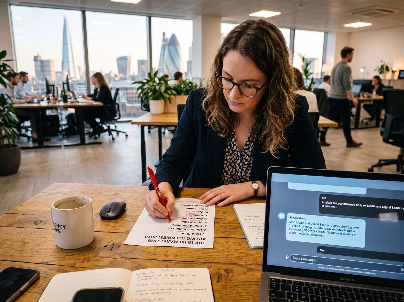 A marketer reviewing a printed best-of listicle at a desk, three competitor logos circled in red pen, a laptop showing an AI chat answer beside it