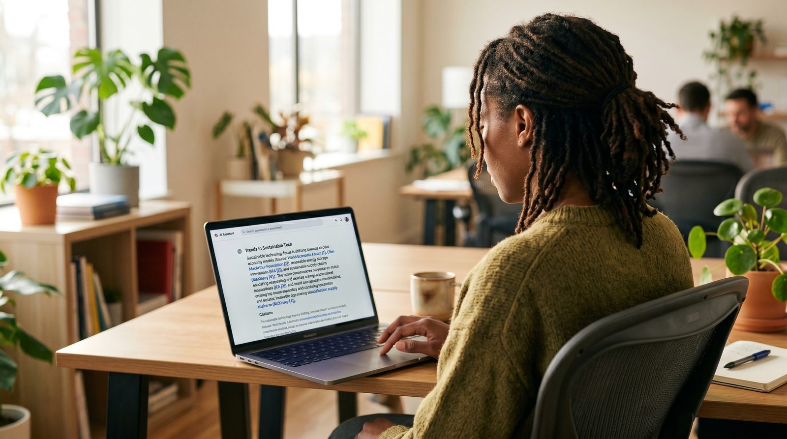 Editorial photograph of a person at a laptop reviewing an AI search answer that cites several named sources, warm office light, over-the-shoulder framing