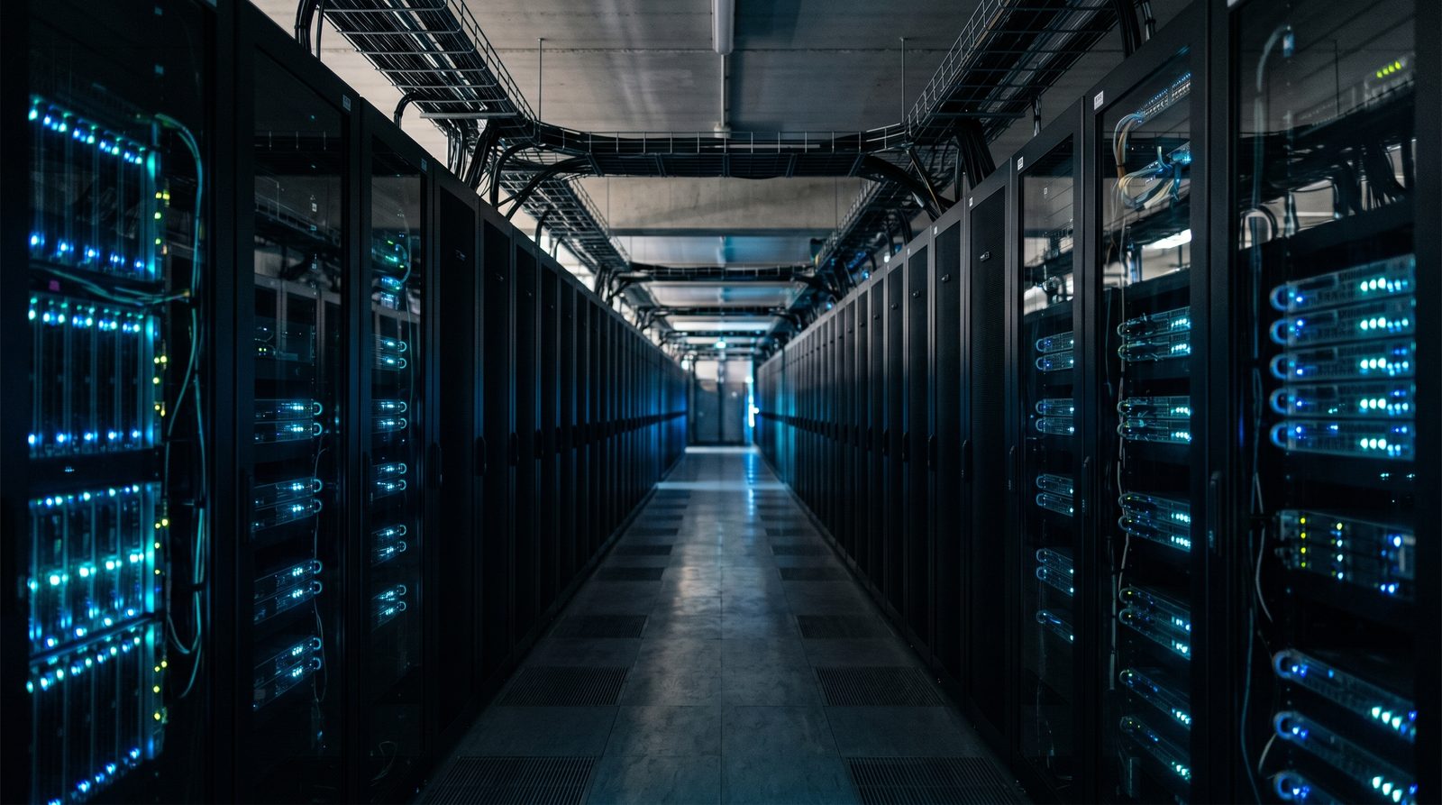 Editorial photograph of a dim data centre aisle at night, server racks lit by rows of blue indicator lights, suggesting automated machine traffic moving through the web