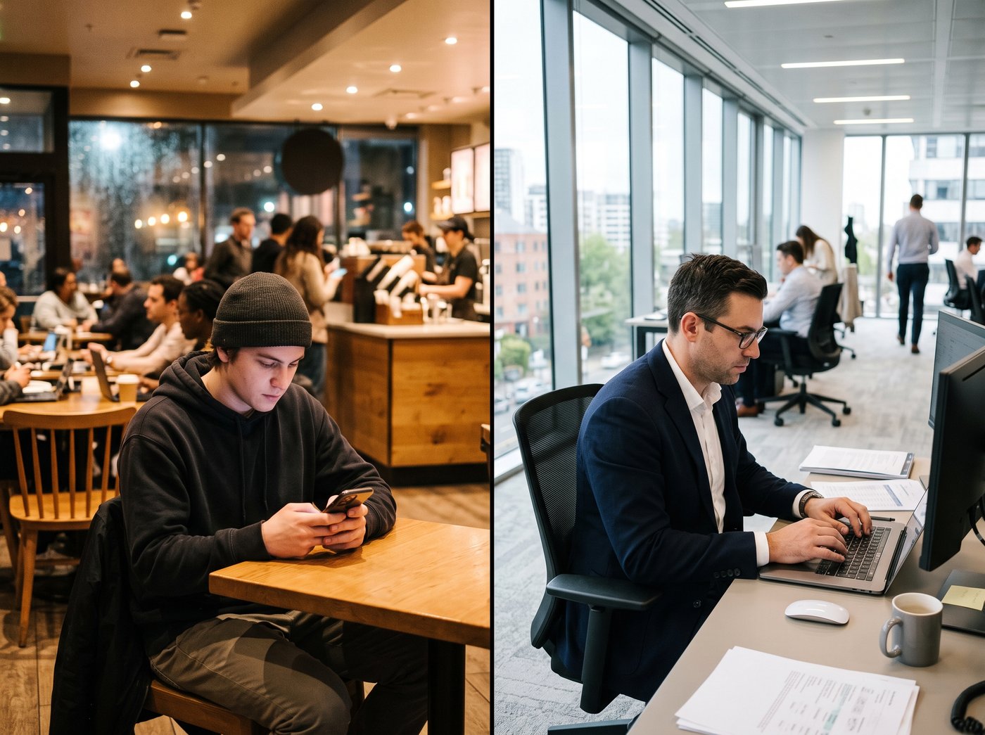 Split-screen style photograph showing a young consumer browsing ChatGPT on a phone in a cafe in the evening, and a professional reviewing ChatGPT on a laptop in an office during the day