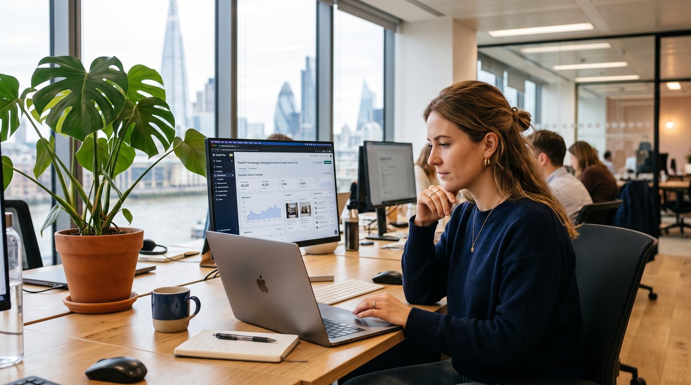A UK marketing manager reviewing a ChatGPT ad slot next to an organic answer on a laptop screen, natural daylight in a London office