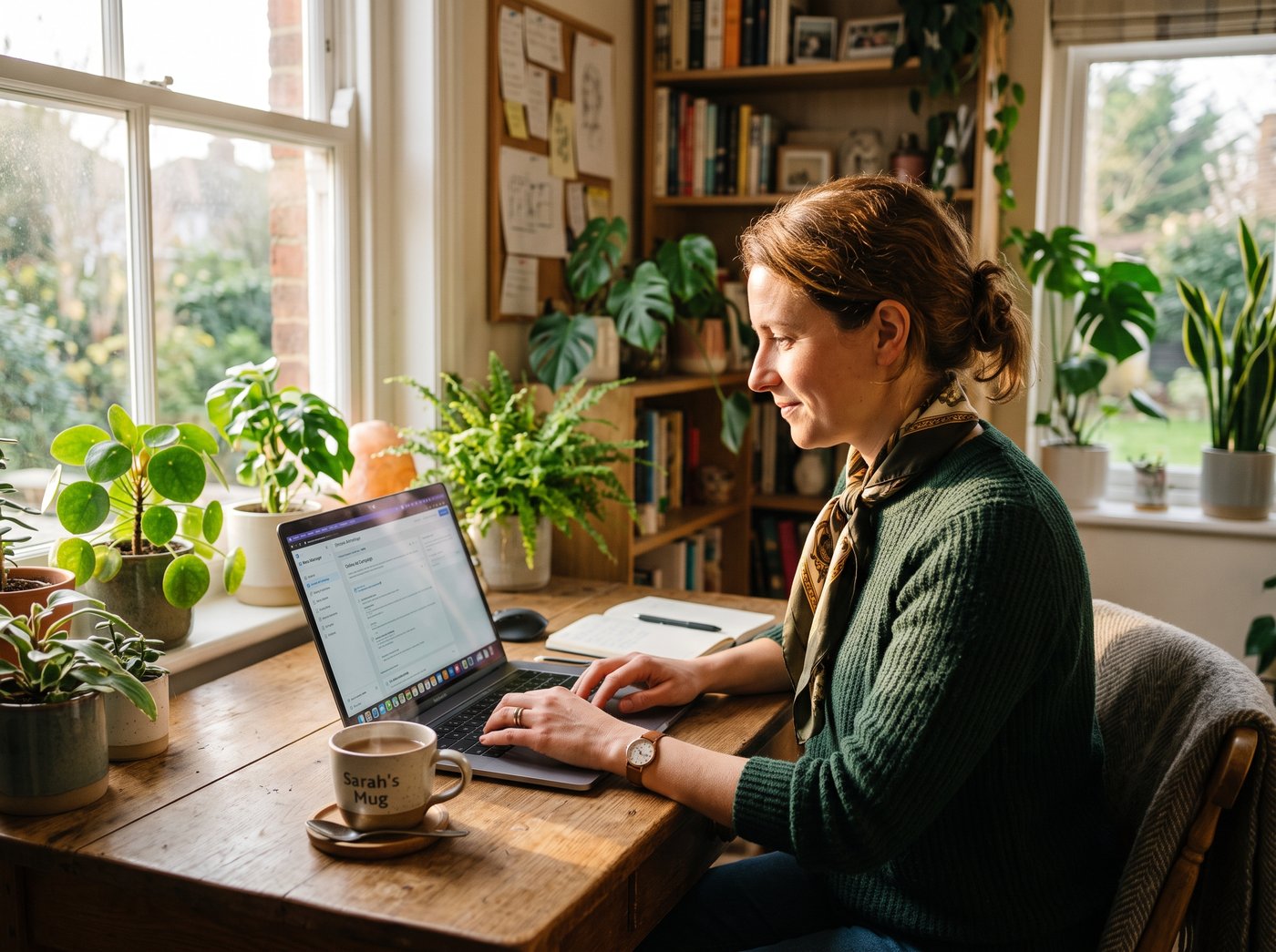A small UK business owner setting up a ChatGPT Ads Manager campaign on a laptop at a home office desk, morning light through a window