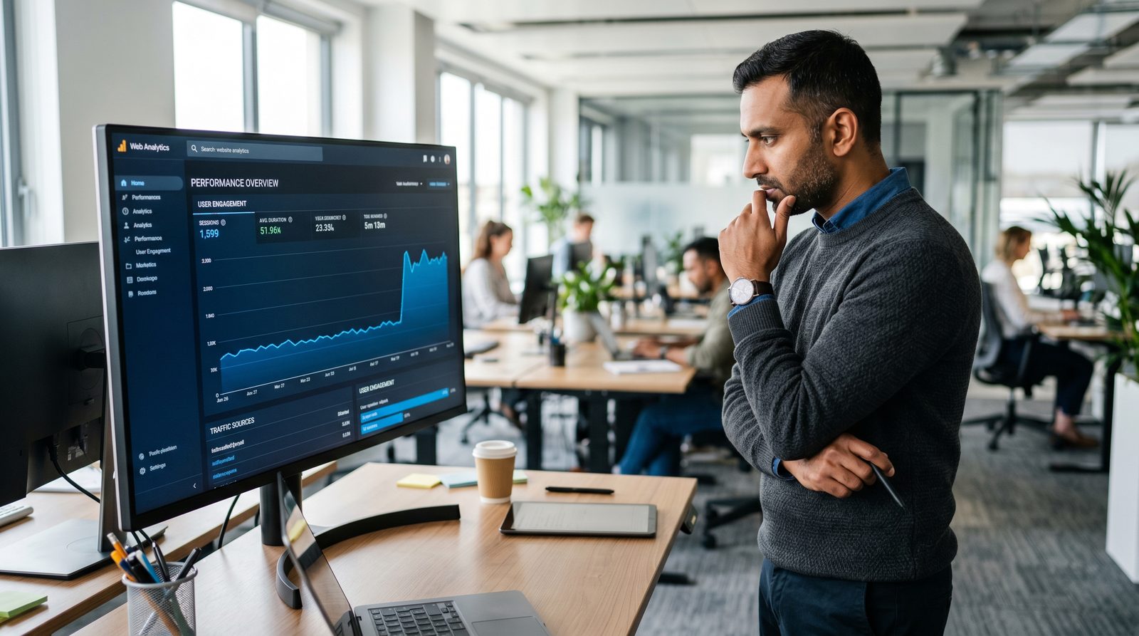 Editorial photograph of a man reviewing an analytics dashboard on a monitor that shows a sharp step-up in referral traffic, daylight office