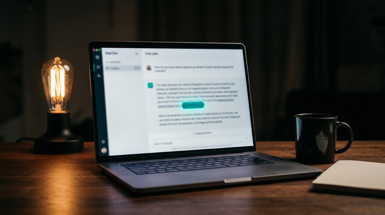 Editorial photograph of a laptop on a dark desk showing a ChatGPT-style answer with one brand link highlighted in teal, warm reflection on the screen