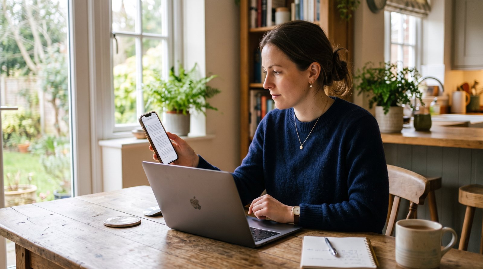 A UK marketer at a kitchen table comparing a ChatGPT answer on a phone with a Google search results page on a laptop, morning light through a window