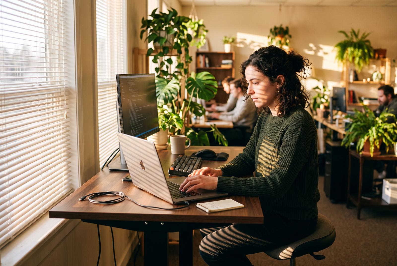 A developer setting up an SFTP file transfer connection on a laptop in a small ecommerce office, late afternoon