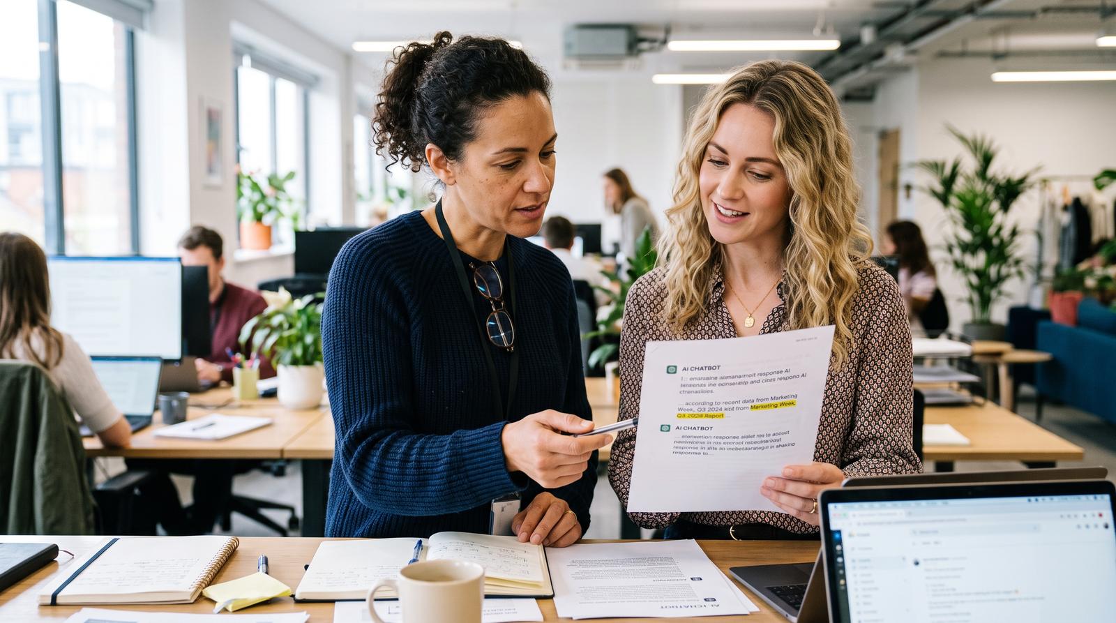 Two UK marketers reviewing a printed AI Overview screenshot at a shared desk in a bright open-plan office, one pointing at a highlighted cited source