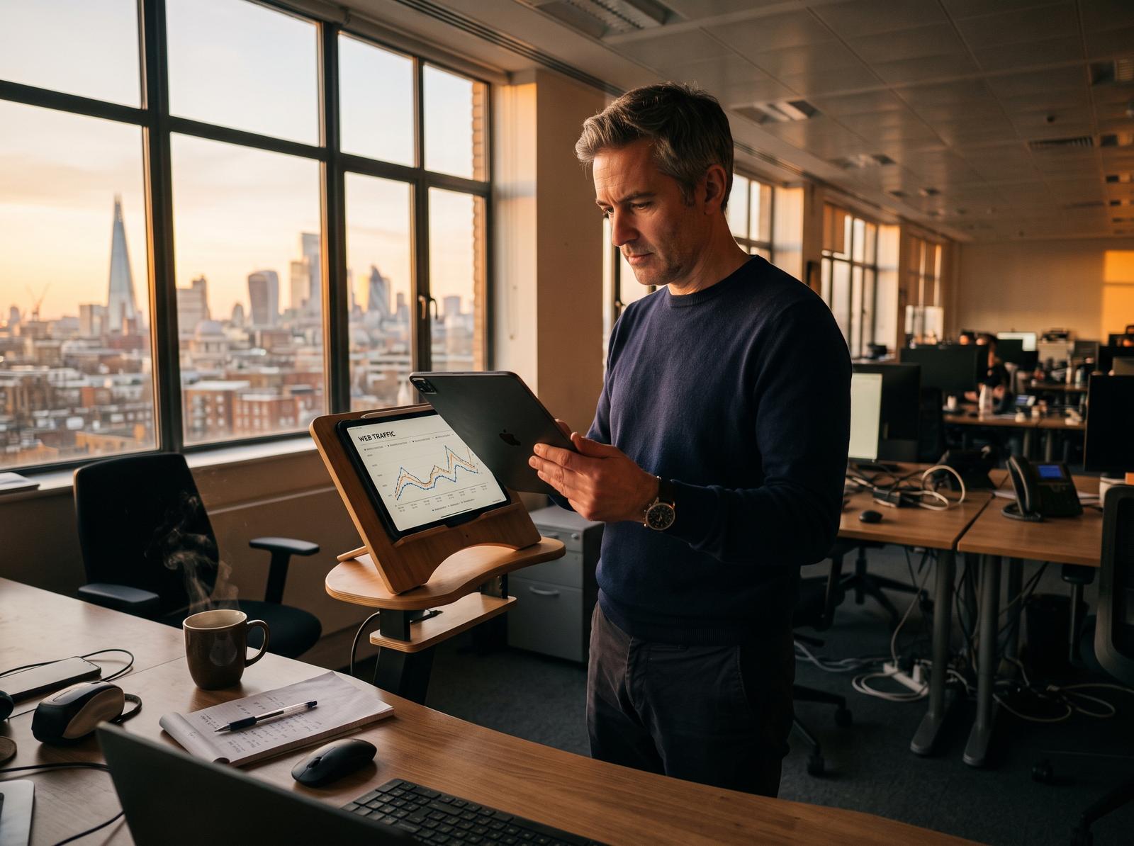 A UK content strategist working alone at a standing desk in late afternoon light, reading a tablet showing a web traffic chart, coffee cup nearby, city skyline through the window
