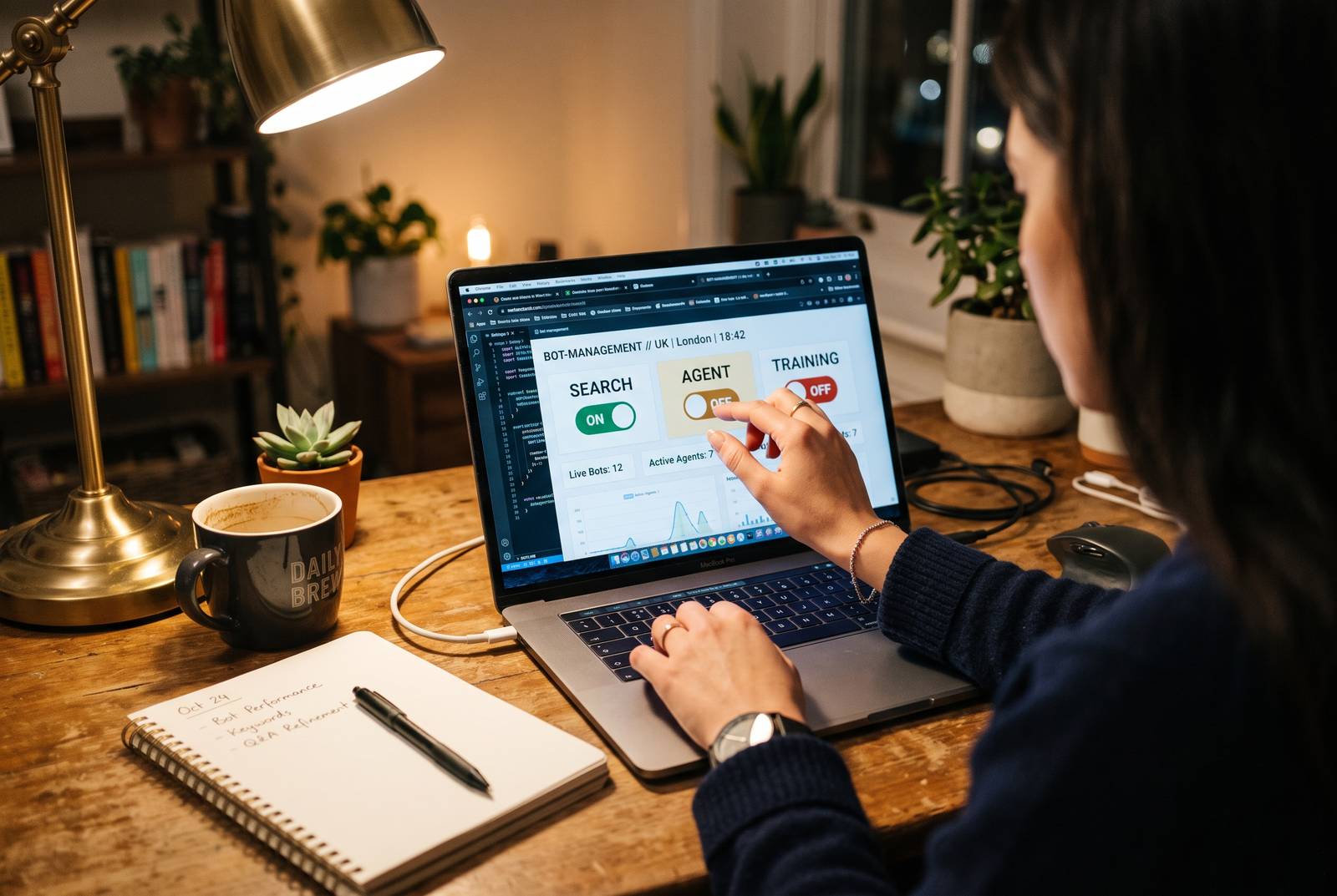 Close-up of a UK marketer's hands adjusting AI bot category toggles in a Cloudflare dashboard, desk lamp lighting
