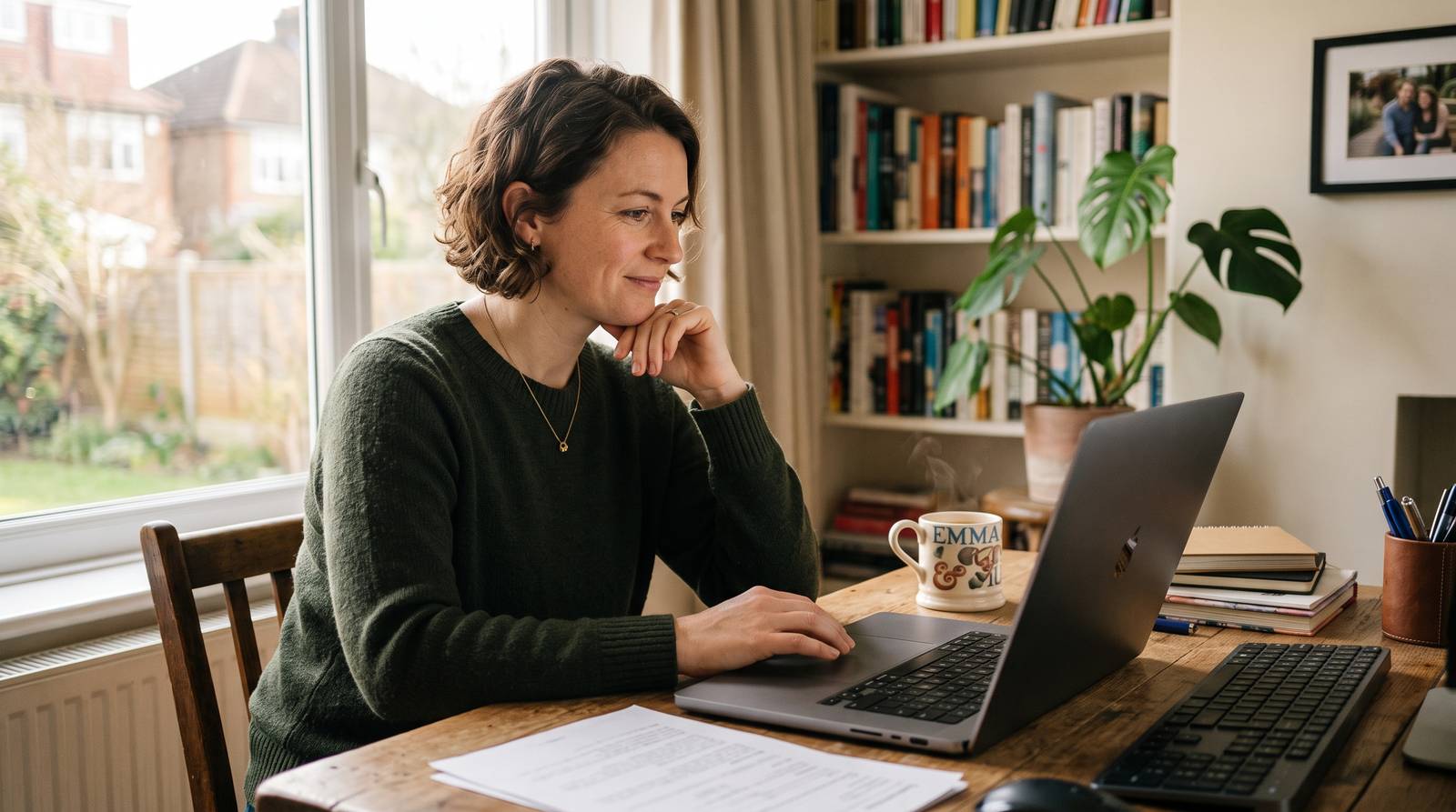 A UK website owner reviewing Cloudflare bot management settings on a laptop screen, home office, morning light
