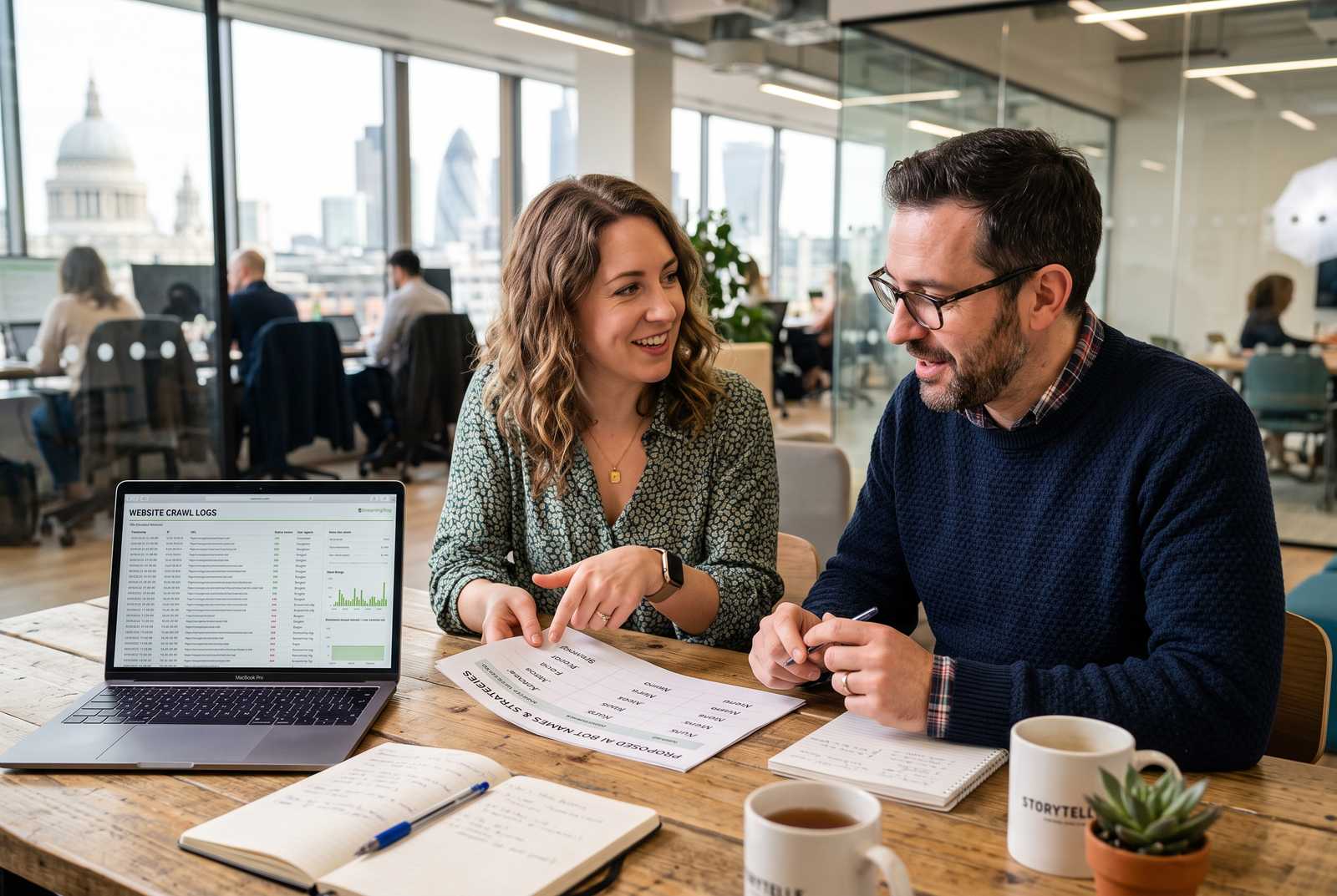 Two UK content strategists reviewing a printed list of AI bot names and a laptop showing crawl logs, bright afternoon office