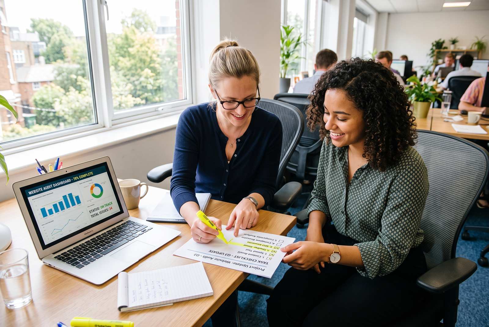 Two colleagues reviewing a printed task checklist and marking items done with a highlighter at a shared desk, mid-morning natural light, a laptop showing a website audit open beside them
