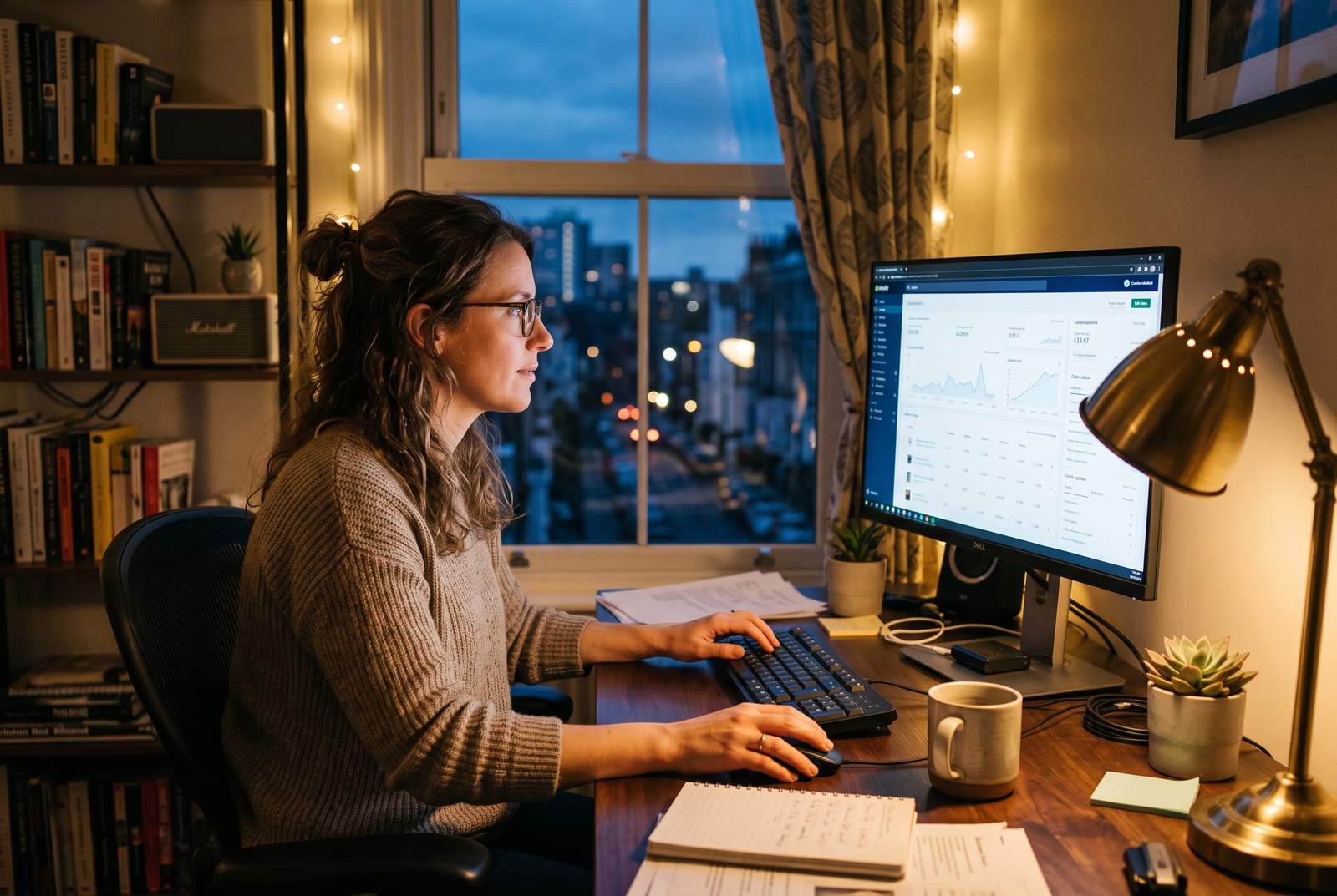 A solo Shopify store owner checking a live product feed dashboard on a monitor at a home office desk, evening light through a window