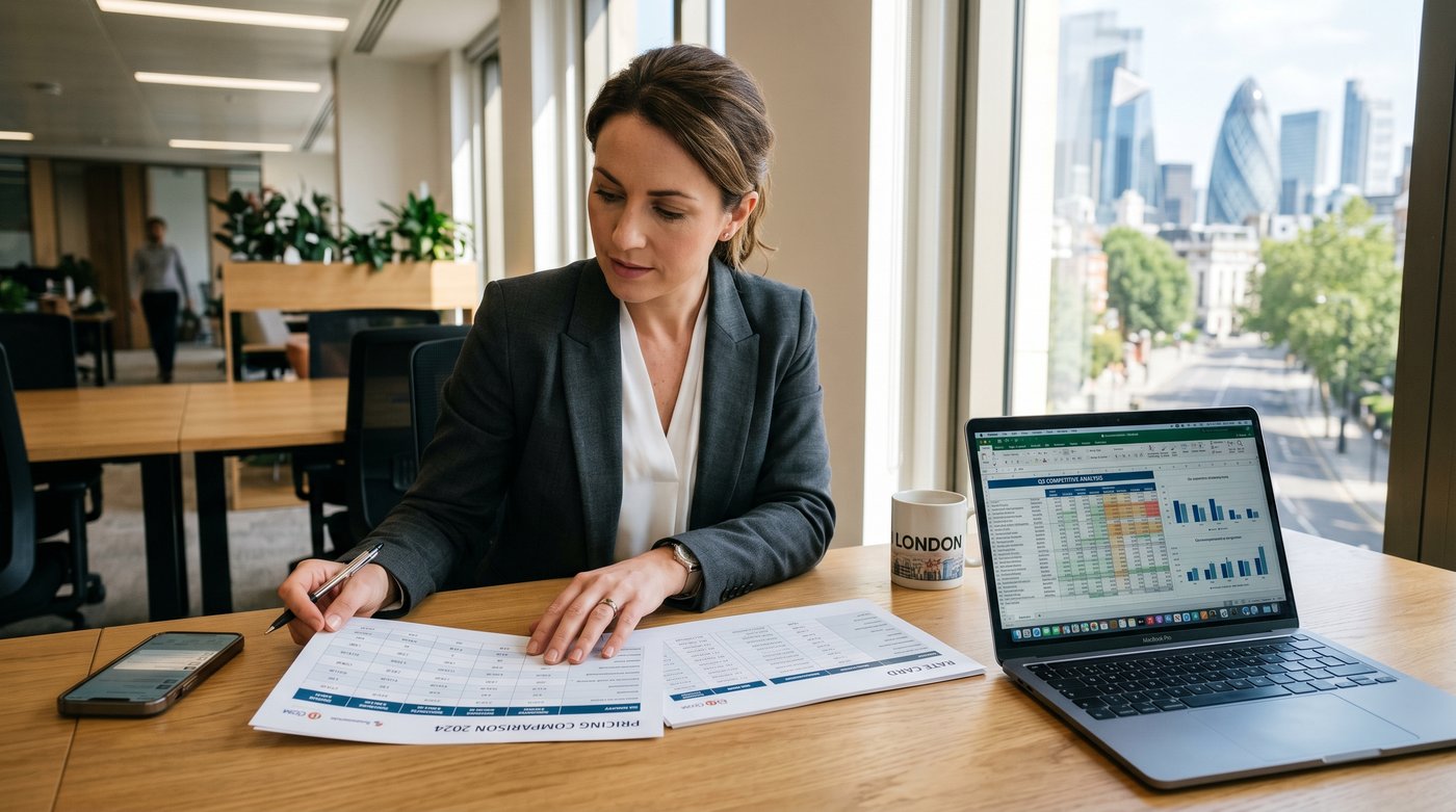 UK businessperson reviewing GEO pricing comparison documents at a desk in natural daylight