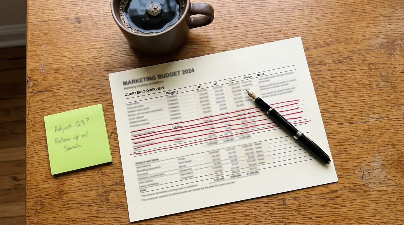 A marketing budget sheet with several AI-search line items crossed out in red, editorial flat-lay style in natural light