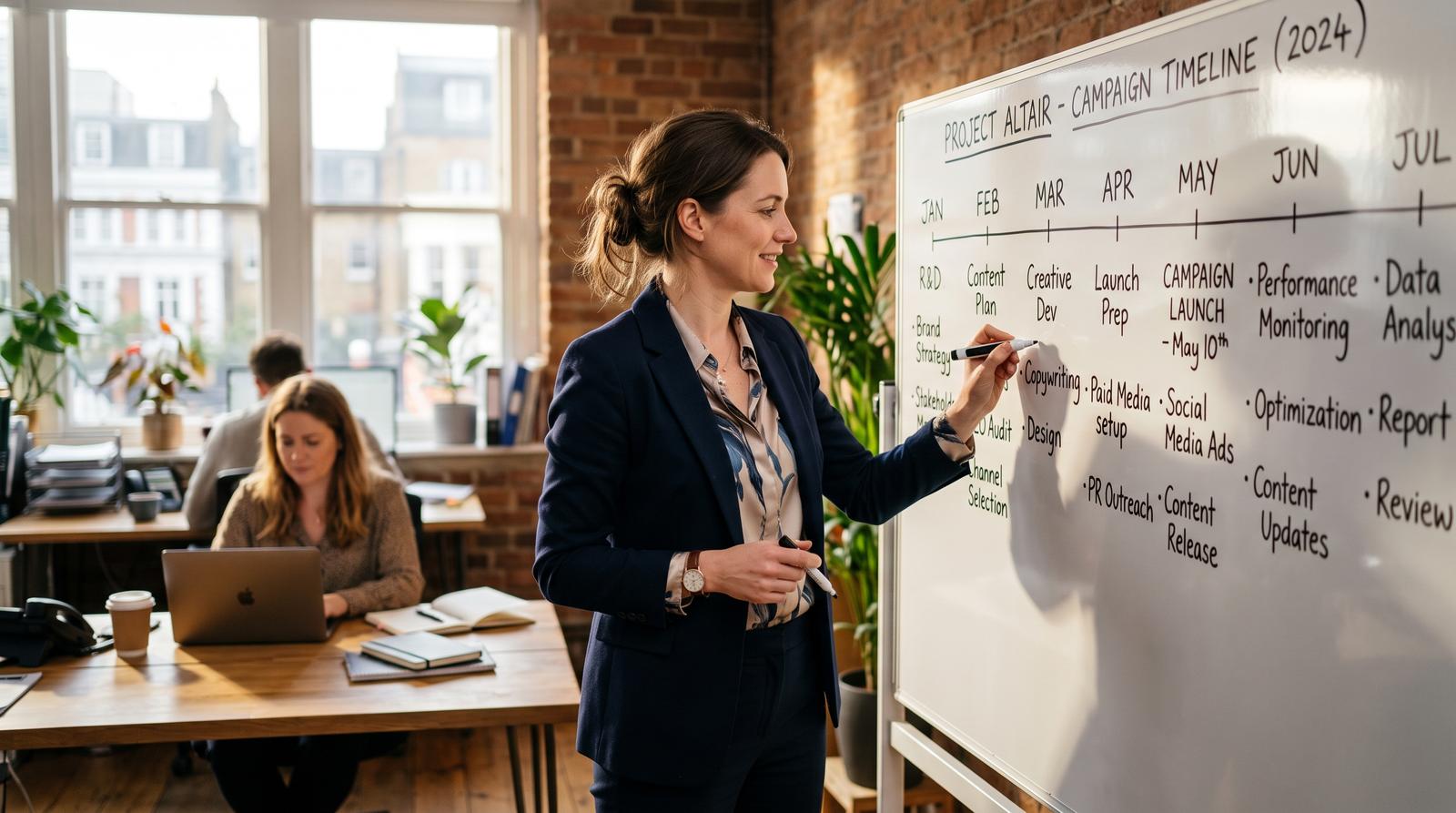A UK marketing consultant plotting a GEO campaign timeline on a whiteboard, morning light in a small agency office