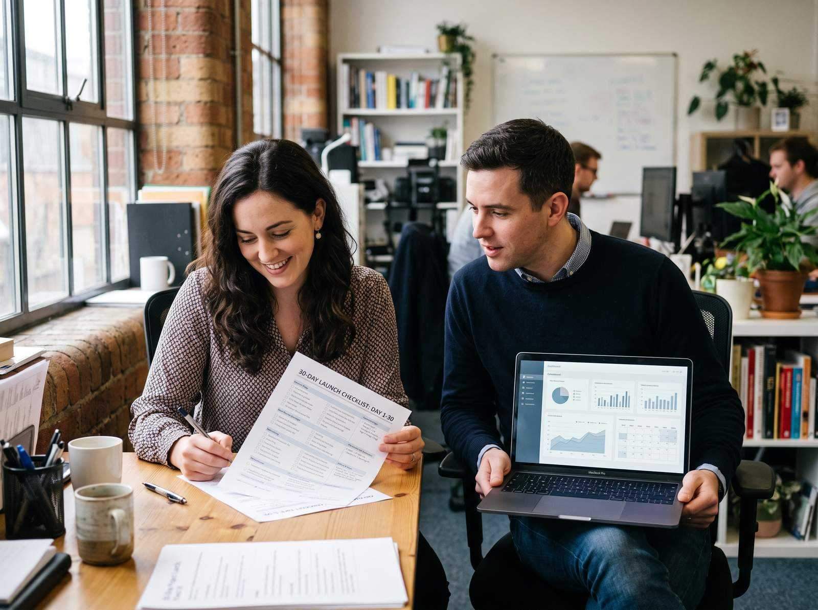 Two colleagues reviewing a 30-day GEO launch checklist on a laptop and printed sheet, natural daylight in a small UK office
