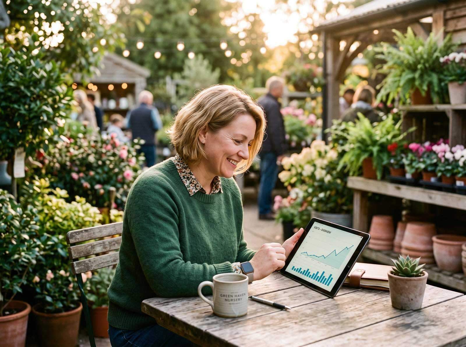 A small business owner reviewing a rising traffic growth chart on a tablet at an outdoor garden centre, late afternoon light