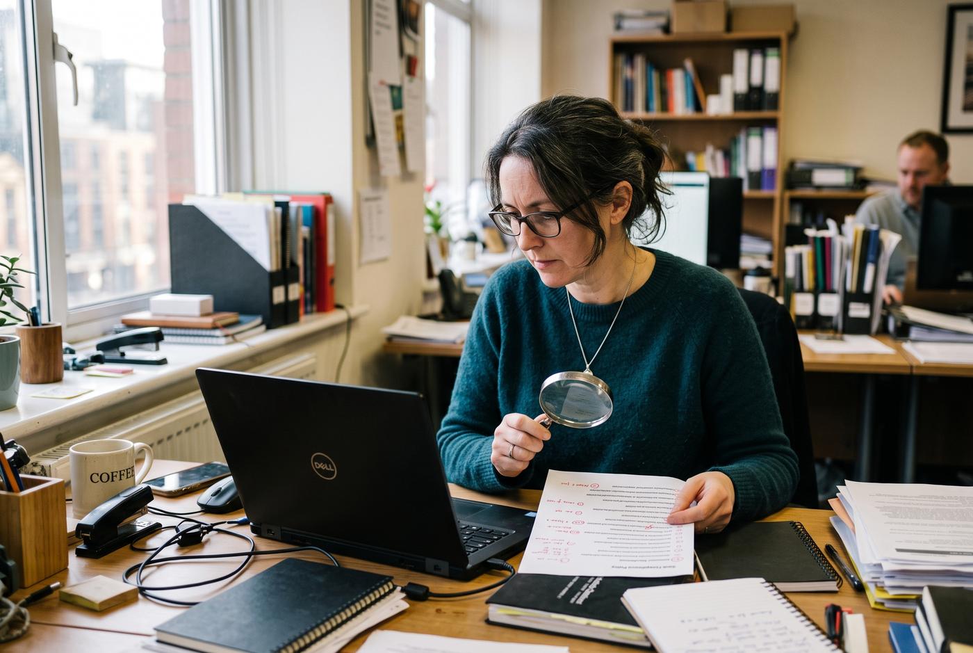 A UK SEO consultant cross-referencing a printed list of backlink placements against Google's revised spam policy wording at a desk
