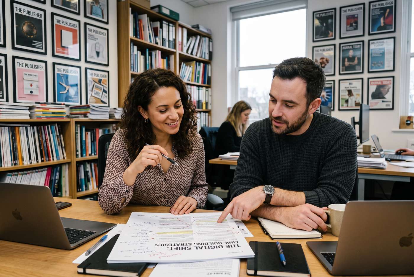 A UK publisher and a link-building consultant reviewing an article draft together at a magazine office desk, discussing a contextual link placement