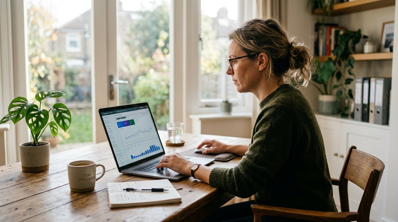 A UK site owner reviewing the new Generative AI performance report in Google Search Console on a laptop, morning light through an office window