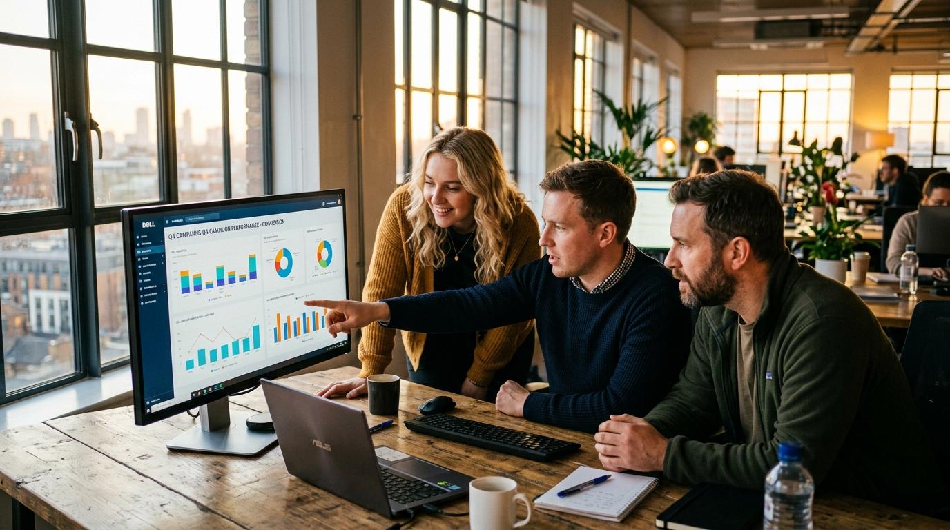 A small UK marketing team gathered around a monitor comparing Search Console tabs, late afternoon light, one person pointing at a chart