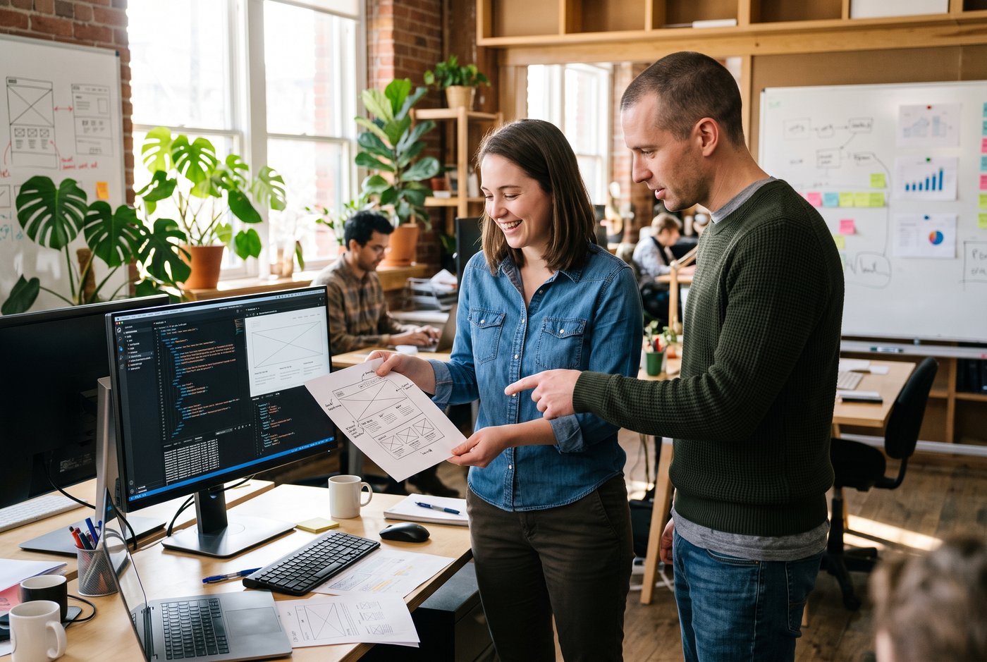Two colleagues comparing a website's About page text against its schema markup on a second monitor in a small open-plan office, afternoon light