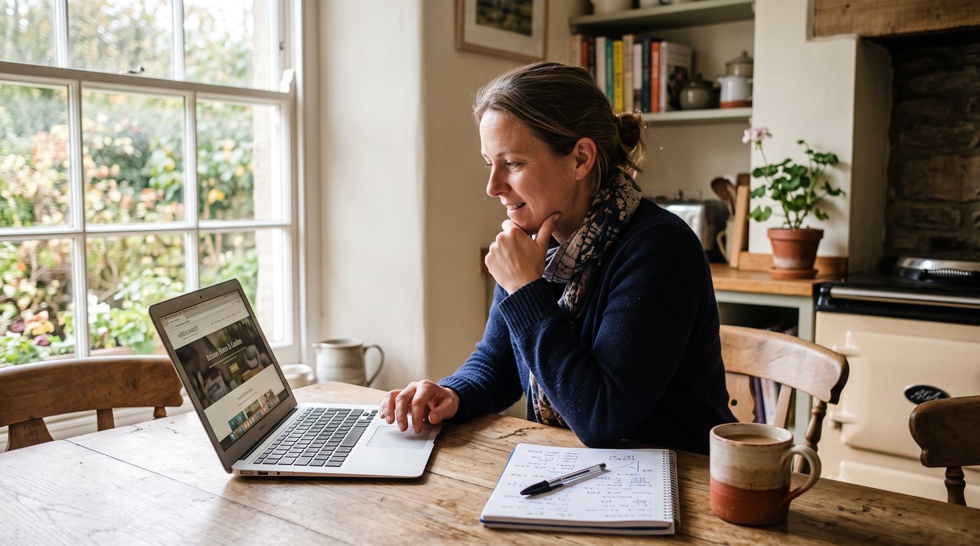 A small business owner reviewing their website homepage on a laptop at a kitchen table, morning light, a notebook of specific numbers open beside the keyboard