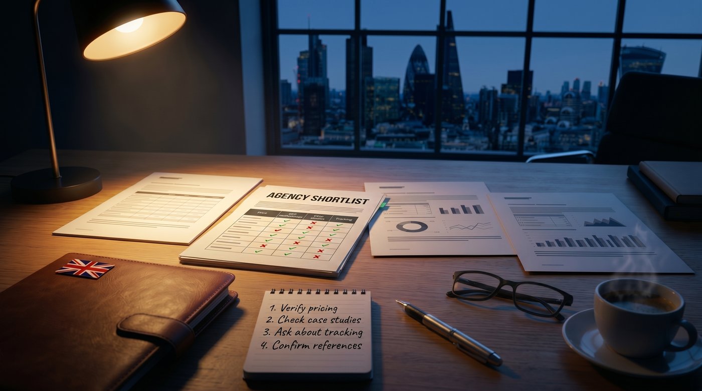 A UK buyer reviewing a printed agency shortlist with comparison table and a four-step verification checklist at a lamp-lit desk, with The Gherkin and the City of London skyline visible through the window at dusk