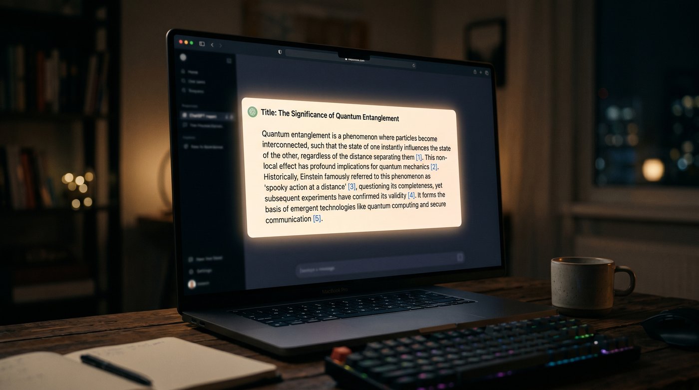 Glowing ChatGPT response card on a dark cinematic screen with citation links highlighted in soft blue