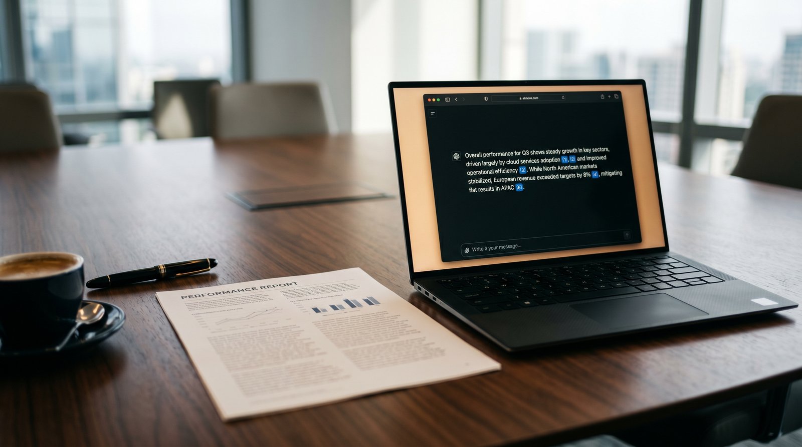 A printed one-page GEO performance report on a boardroom table beside a laptop showing an AI answer panel, lit by morning light through office windows