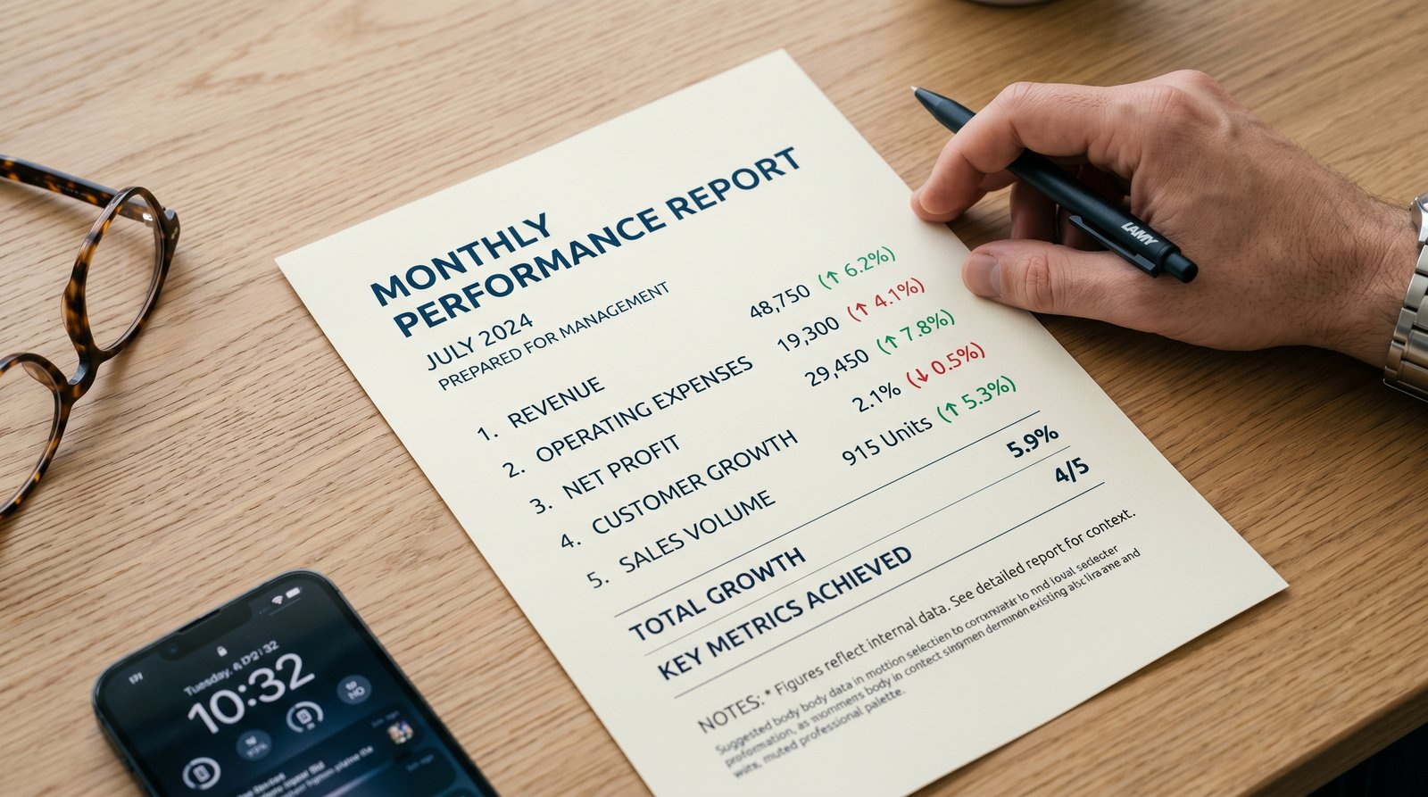 A single-page printed GEO performance report being reviewed at a desk, showing the five metrics with prior-month figures and percentage changes in a clean finance-style layout