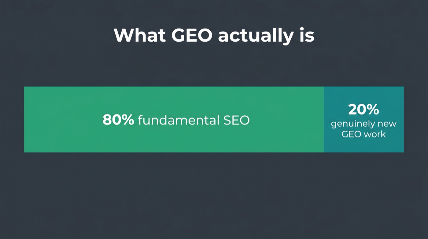 Horizontal bar split showing 80% fundamental SEO and 20% genuinely new GEO work under the heading What GEO actually is