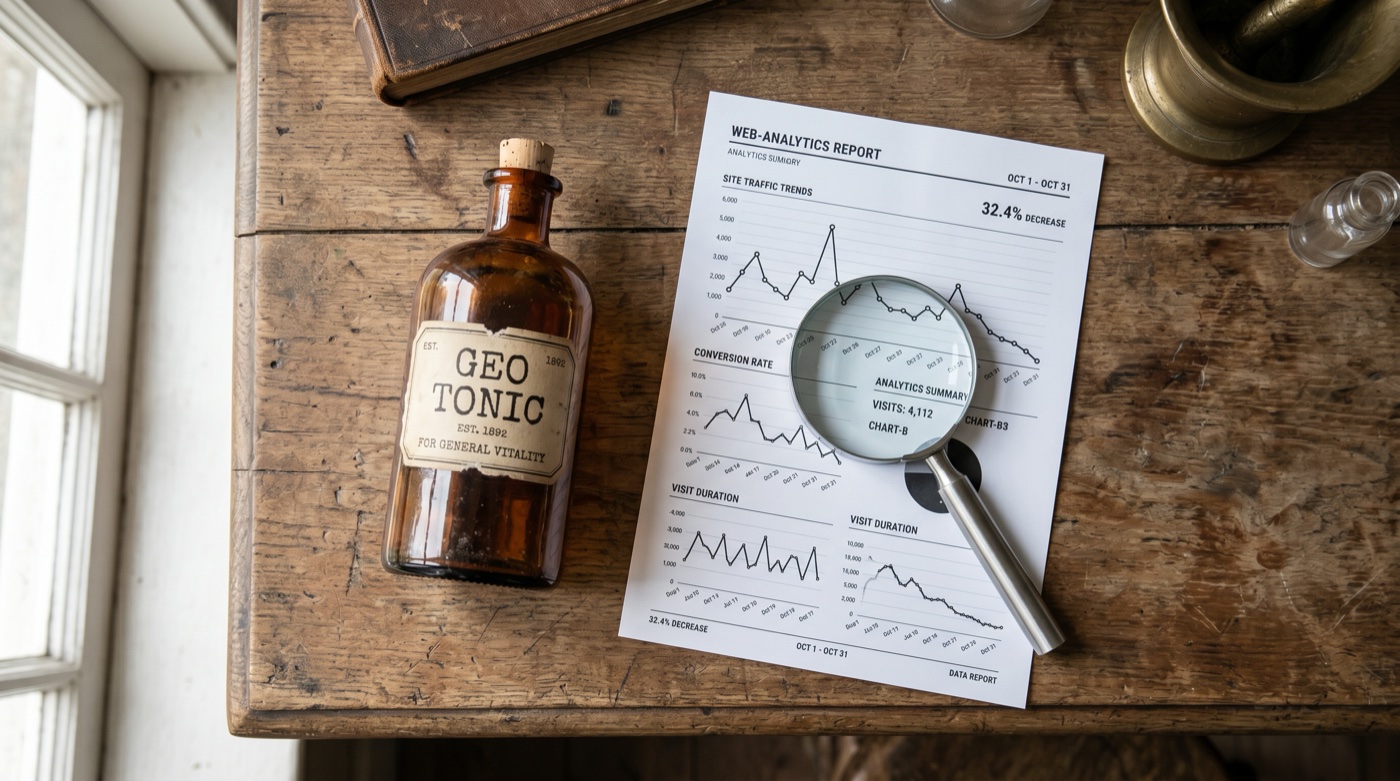 A vintage amber apothecary bottle labelled GEO TONIC beside a magnifying glass resting on a printed web-analytics report